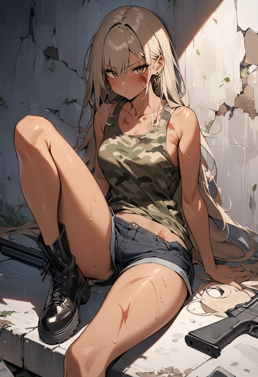 Highest quality,Highest Resolution,Beautiful girl in camouflage leotard,half boots,High leg,whole body,front,Armory,Crying face,Tears,Sweating profusely,(((Open your mouth and drool))),Very beautiful eyes,(((Drink water))),indoor,