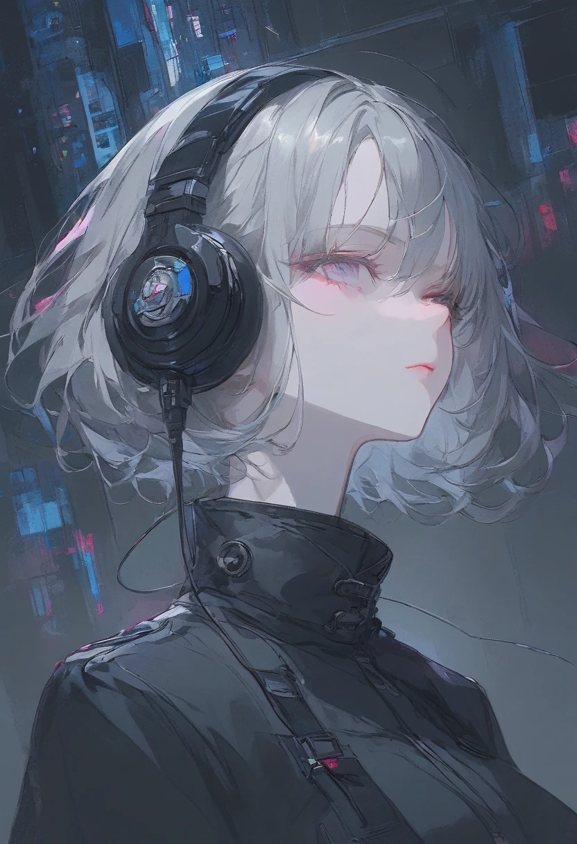 Short-cut gray hair。headphones from my neck。pocket and hanging the、The background is a neon city。