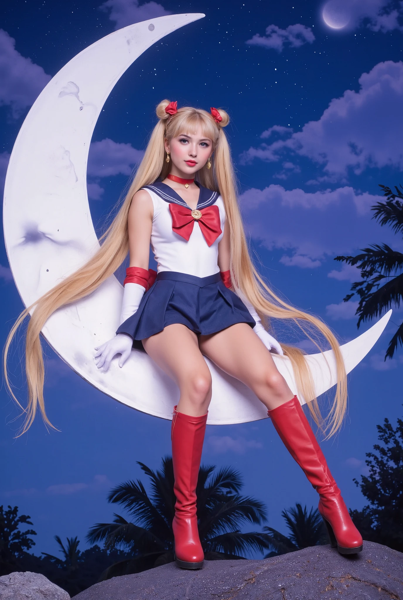 Create an image of a 20-year-old Japanese girl with fair skin and very long straight blonde hair styled in twin tails with two round buns. She is wearing a Sailor Moon costume. The background features a romantic night scene, with a large crescent moon that she is sitting on, partially extending off the screen.