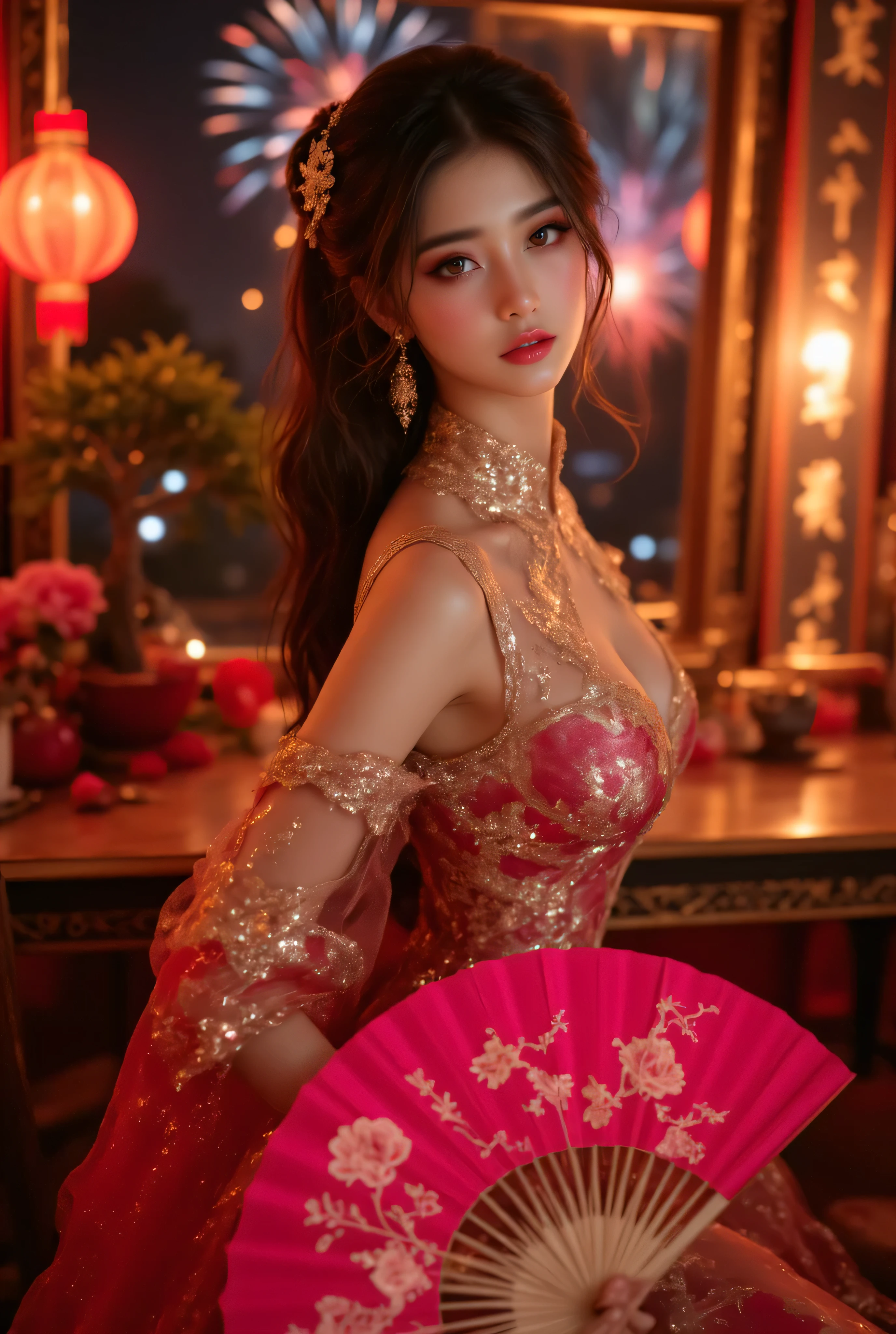 Cat ears、 fßace up, attractive, pretty girl, ponytail、 (( fine facial features , eroticism)), dramatic lighting , realistic , 8k, Dramatic Shadows , intricate and elaborate patterns , super detailed photo , chiaroscuro lighting , Pleasant colors , deep contrast , super real 、 pink lipstick、 pretty earrings, pretty necklace, pretty hairpin, warm room、Vintage Fireplace 、 cinematic composition、Close-up of face, shining jewelry, pretty half part transparent open shoulder loose outfits dress, tang style, A beautiful Korean idol wearing a short colourful tightly cheongsam with phoenix and intricate floral golden embroidery, golden and silver outline on dress, hand with pink feathers paper fan and paper fan have golden ink drawing on it, standing gracefully in a room filled with traditional Chinese New Year decorations. The room features vibrant red lanterns, decorative calligraphy scrolls, a small Chinese orange tree with golden ornaments, and several red envelopes scattered across the floor and hanging from the tree. Adorable, playful cats are part of the scene—some sitting near the tree, others curiously pawing at the red envelopes or lounging around. Through a window or an open door in the background, vibrant Chinese fireworks light up the night sky in an array of reds, golds, and blues, casting a magical glow into the room. The idol’s outfit is paired with subtle accessories like red hairpins or earrings, complementing the festive look. The atmosphere is warm and lively, filled with the joyful essence of the celebration, enhanced by the shimmering lights of the fireworks and the lively decor.