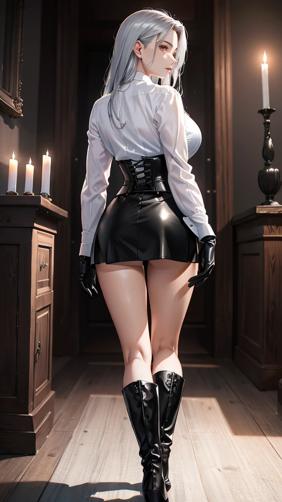 Beautiful 21 year old white-haired black girl, big ass, sexy_tits, elf ears, horns, dark skin, ebony skin,((long black leather pleated skirt, black leather long-sleeve, white formal shirt buttoned up with neck tie)), (translucent nylon stockings), ((muscular physique)), ((strong muscular legs, beautiful pure white eyes, lighting, standing pose in a mma octagon, th1t, thigh high stockings, cyber punk mask