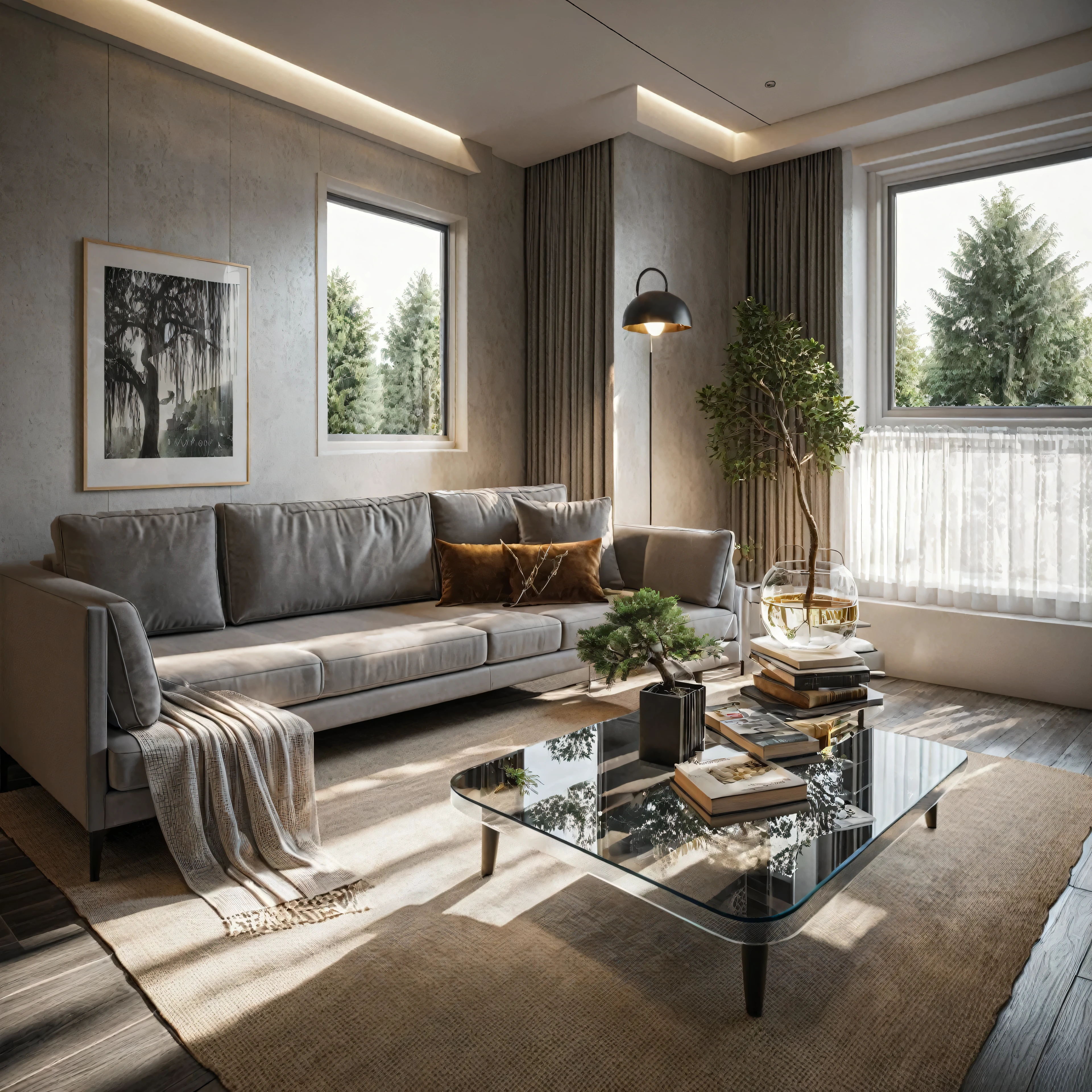 Raw photo,Masterpiece, high quality, best quality, authentic, super detail,
interior, indoors, livingroom style modern, sofa, tea table, glass windown, curtain, gray wooden floor, tree, decor, book on table, sunlight,
, (daylight:1.1), vivid colour, (realistic:1.2),