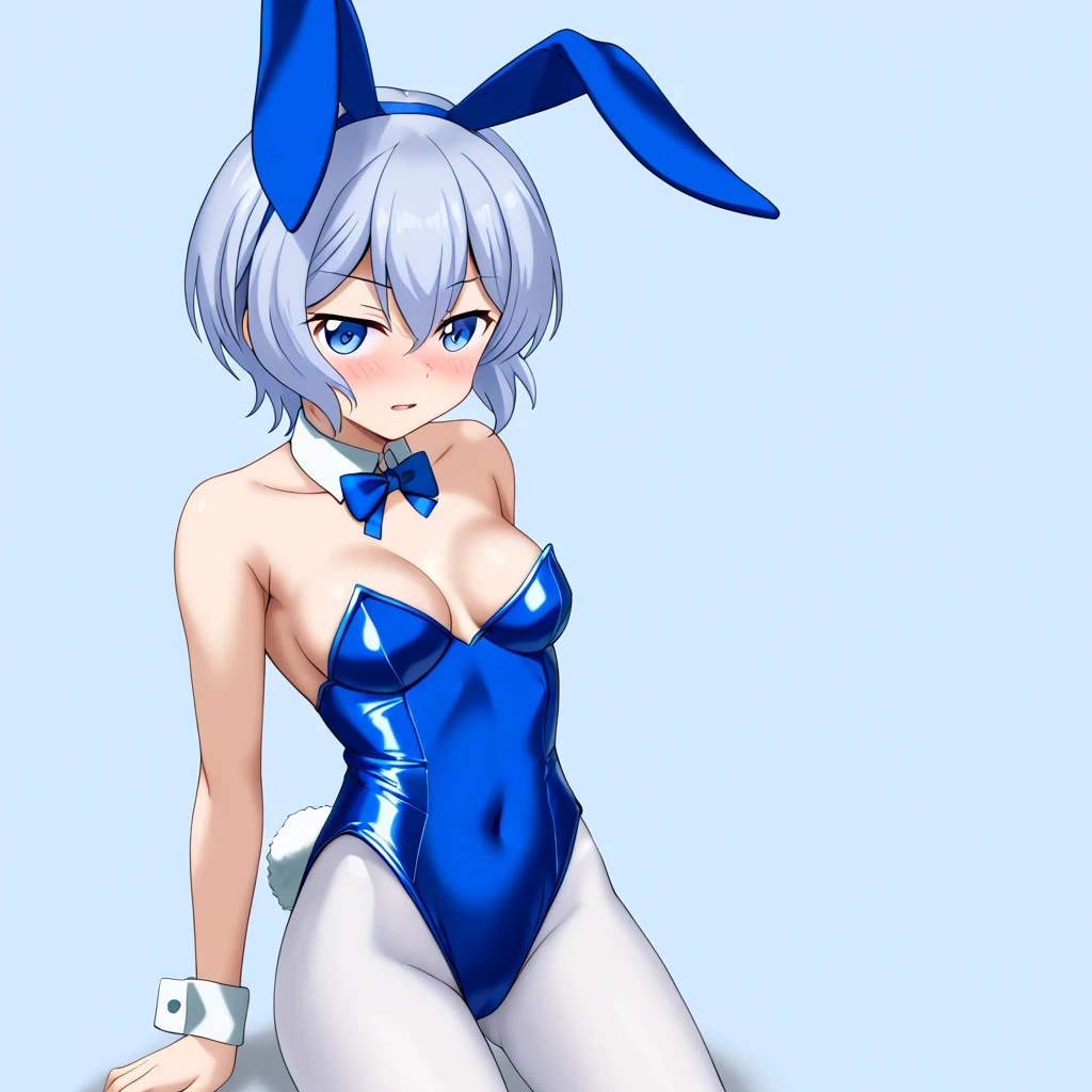 Create a full body image of a character Rimuru Tempest from the anime &#39;Slime Datta Ken&#39;. The character has short sky blue hair and bright blue eyes.. They are wearing a sexy bunny outfit, including shiny black bunny ears, a tight black jumpsuit, white wrist cuffs, a bow tie and a fluffy white tail. The character&#39;s expression is calm, but confident, and his posture is playful, with one hand on the hip and the other slightly raised. The background should be simple, allowing the character&#39;s unique appearance and attire to stand out.