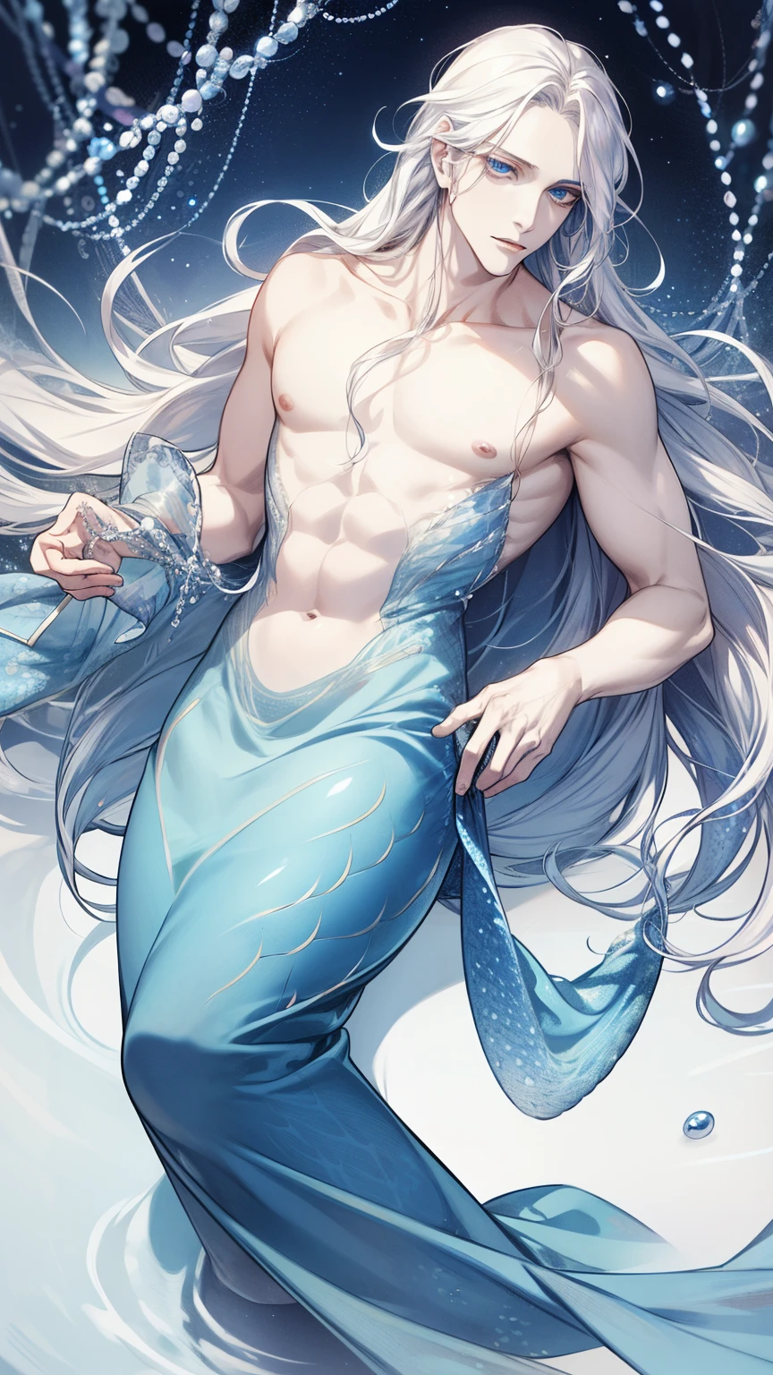 man, masculine, masculine face, attractive, muscular, (((1man))), masterpiece, absurdres, best quality ,intricate details , (shiny skin, shiny body, shiny oily luster skin, shiny hair, pale skintone), Sundown, attractive, ((muscular)), adult, one, earrings, Don't look at the view , Not looking at the view, silver hair, braided hair, perfect detailed face, perfect detailed hands, triton, fins, red eyes, triton ears, ((MLS)), smirk, medium large shoot, marine ornaments, beach in the background, ((mermaid tail)), no legs, ((in the wather))