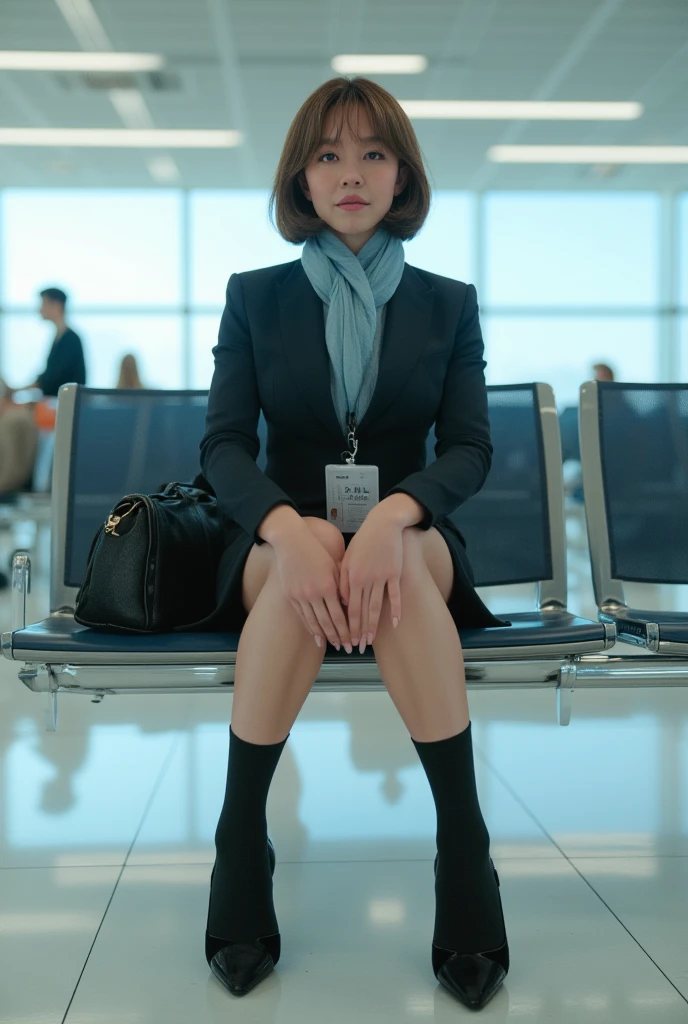 ((top-quality, 8K, ​masterpiece:1.3)), ((full body, close up:0.75)), Best Quality, Sexy woman in flight attendant uniform, soro, jaw-dropping beauty, Wear beautiful black pantyhose, attendant seat, plump thigh:0.4, Sit cross legs in an airplane, nobody, in airplane, high-heels, (open mouth:0.3, seductive expression), The reality of light, RAW photogr, 8K, hight resolution, detailed skins, 8K, Ultra HD, Soft lighting, High quality, film grains, realistic skin textures, shiny skins, 