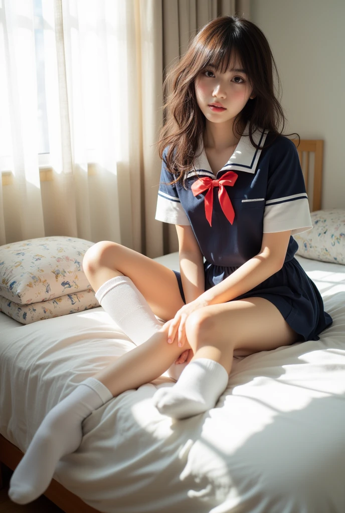 8K、RAW Photos、Highest quality、Super detailed、Super Resolution、Ultra HD、8K壁紙、Amazing details blazer uniform girl ((White blouse with formal collar, Blue Blazer, 
Red Check Skirt, Red checkered ribbon on blouse)), Complete limbs, Full Finger, 
(((A woman is sleeping with her eyes closed)))Brown Hair、White skin
(((((Full body photo)))))
((Panties and bra are visible))
