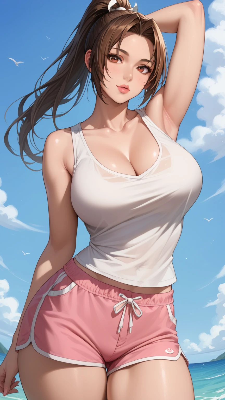 1girl, solo, long hair, breasts, smile, large breasts, brown hair, shirt, navel, cleavage, brown eyes, collarbone, white shirt, short sleeves, midriff, pants, lips, crop top, hand on hip, looking to the side, blue background, denim, jeans, nose, masterpiece, best quality, highly detailed