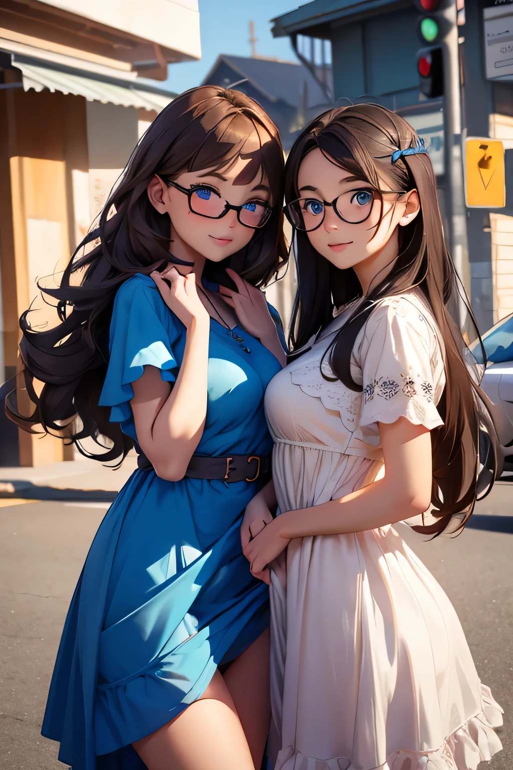 Photo . Two very beautiful twin sisters . They are 28 years old .Both brown-haired women , Long hair . They all have blue eyes . One of the girls with glasses . The second girl without glasses . Both have very large breasts size 5 . Each of them is wearing a beautiful dress . They smile . They stand on a busy street and pull up the hem of their dress and show their pussy .