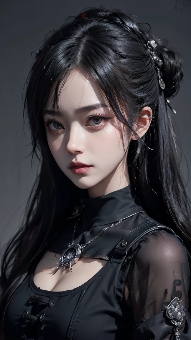  ((top quality, 8 thousand, masterpiece:1.3)) Korean woman, disorderly,receive the light,(black ponytail), dark eyeshadow, black lipstick, Gothic makeup, (Smudged makeup: 1.3), beautiful and delicate hair,delicate red pupils, (huge tits: 1.7) , In a dark cave, Red tattoo, very pale skin, Smudged makeup, indifferent expression, red circle lenses, goth style clothes, monochrome, (smeared eye line: 1.6)