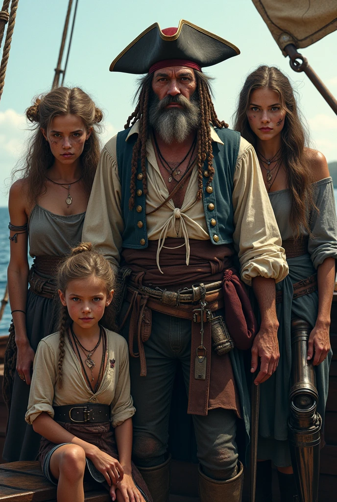 intricate detailed painting of a happy european family on a wooden sailboat, 3 people, 1 man, 1 woman, 1 toddler, man with black hair and beard, woman dark blonde with chubby body and large breasts, 2 year old blonde boy, natural lighting, photorealistic, vibrant colors, cinematic composition, high resolution, masterpiece