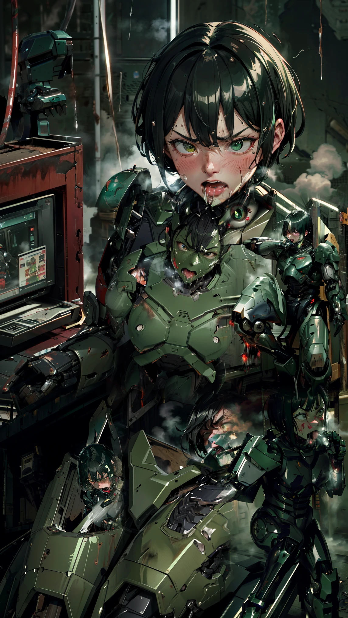 , very well detailed , Graveyard Details , high quality , 最 high quality , Kampala , 1080P 、 smoke coming out of the wound green armor 、 Steam Coming Out 、cute((Full-body Serious damage))( injured woman in a robot suit is leaning on a machine chair ...)()(Damaged Armor)(( cracks are spreading ))(Black smoke coming out of the wound ) black hair 、 boyish short hair that makes a full turn 、Torn Armor、 wet hair 、 Open Your Mouth 、(Wear a robot suit for women が上がる)Sweaty face、It hurts again、Serious damage、、 saliva dripping from the mouth、Female College Student ( steam coming out of your face ) ((Wear a robot suit for women )) Can you look up at the saliva