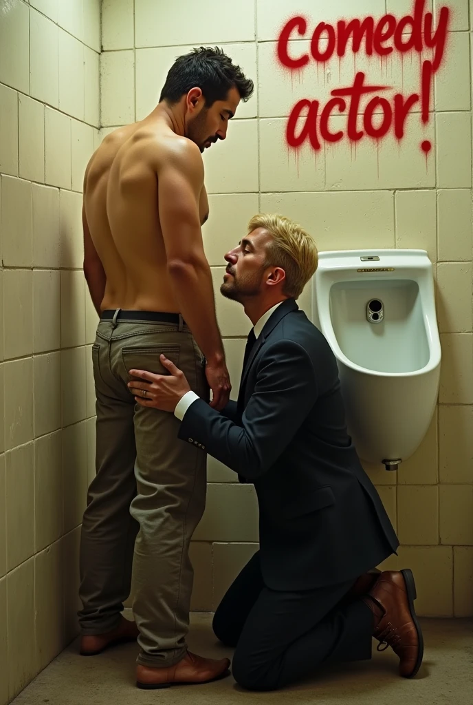 In business suit and formal laces shoes, formal socks with tie Indian desi beared daddy hunk getting wild penis sucking by his 20 years old boy in office toilet sitting on pot full body view, pornography, sex, sucking, wild sucking, wild sex poses, white cream dripping from penis 