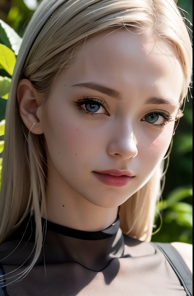 (8k), (best quality), (masterpiece:1.2), (realistic), (photorealistic:1.37), ultra-detailed, (kiss),1girls,cute,smile, long_hair,Green plants,beautiful detailed eyes, beautiful detailed nose, full body,huge breasts,dalcefo,pigsney, woman, White hair, sling bikini,