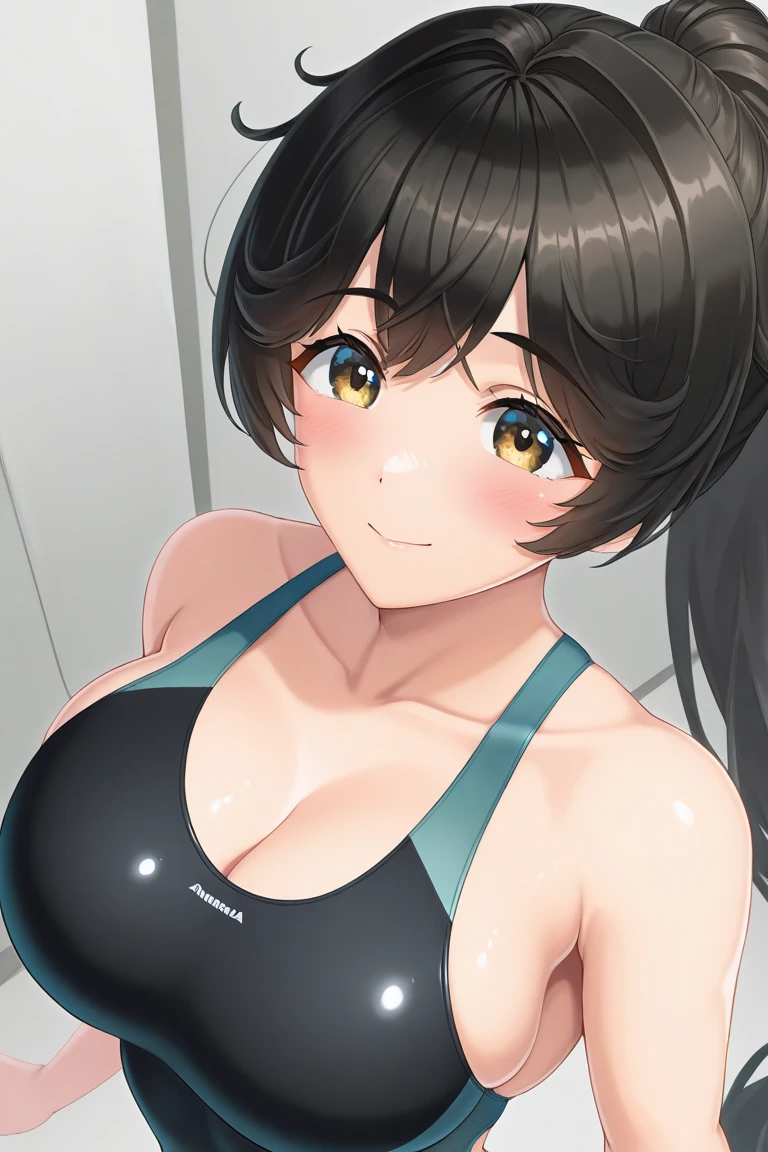 (highres,realistic) seductive pose, brown hair, pony tail, smug, half-closed eyes, 1girl in gym, muscular build, bent over barbell, front view, wearing black leggings and a sport bra. She has long brown hair tied in a ponytail, and a perfectly drawn face with beautiful detailed eyes, lips, and a smug expression. The gym is well-lit with studio lighting, and there are weights and workout equipment in the background. The overall image is of the best quality and has a realistic, photorealistic style. The focus is on the 18-year-old girl's perfect very large breasts.