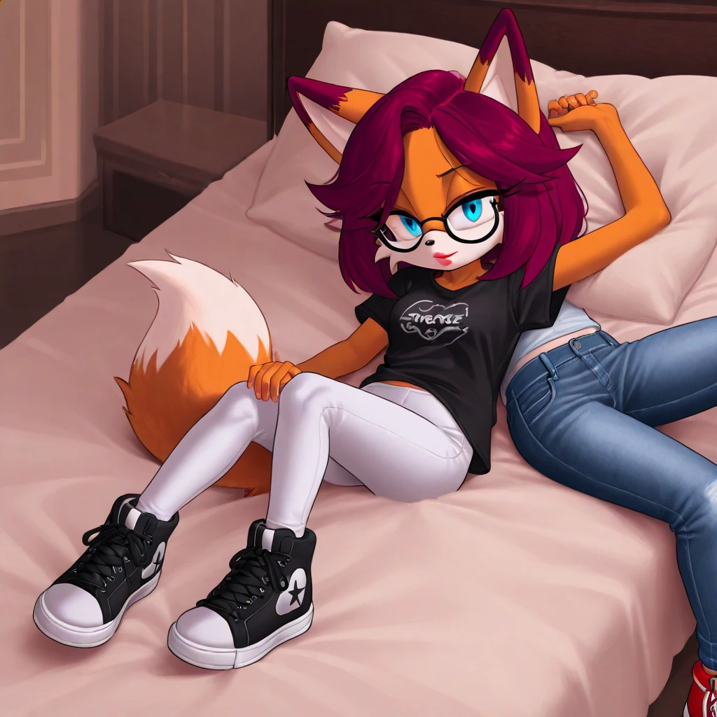Anthropomorphic male crimson fox with pink nose, black ears, horns, purple eyes, black sholders, very fluffy body, two tails, fullbody view, solo, lying, relaxed, looking at viewer, side view, wearing a cropped top, deportive shorts and black thigh highs socks with white stripes, on bed, half eyes closed, digital art, selfie view, pov, taking a selfie, presenting legs, showing his , simple shading