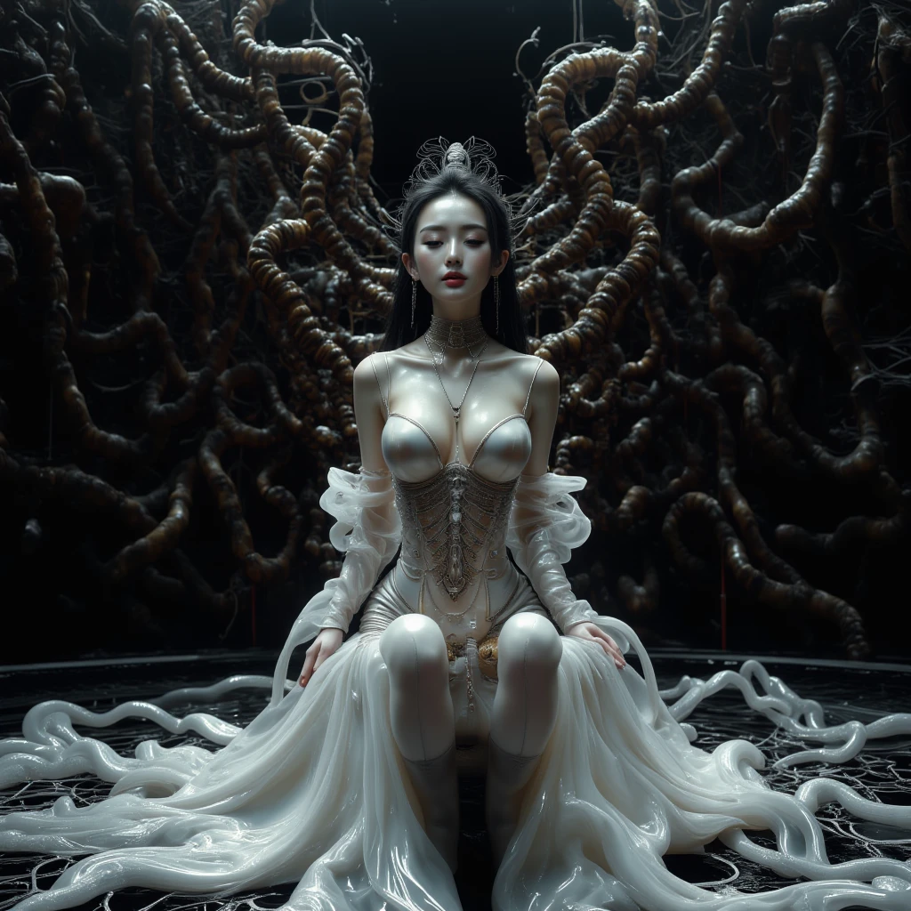 lilith aensland, There's a demon woman dressed in latex leotard standing in a dark room, dark scenario, thong leotard, beautiful Face, perfect face features, 1 Woman, alluring, seductive, shy, Slender with medium breast (fakebreast), goth makeup, albino skin color perfect body, proportional, sensual pose, upper body, horror movie, creepy scenario, scifi background, cinematic, dramatic lights, ultra detailed, photorealistic, masterpiece, trending on Artstation.