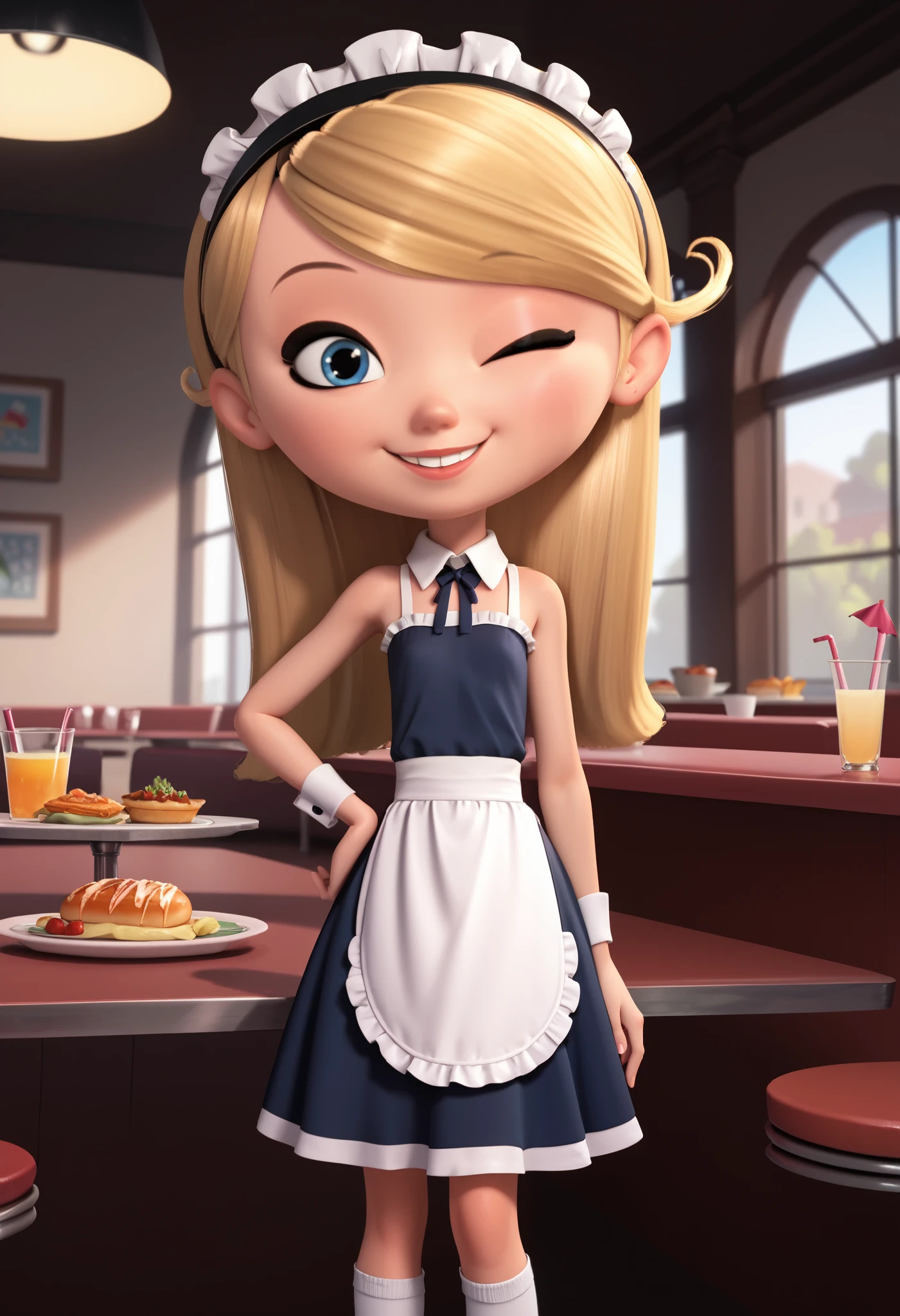 1 girl, penny peterson, long hair, blue eyes, 3D, blond hair, skirt, diadema, black headband , white socks, sexy maid clothes, Maid clothes, exposed shoulders, neckline, blusa sin hombros y neckline, bare waist, bare navel, knee-length blouse >.<, skirt corta, one hand on hip, cute smile, one eye closed, 4K, (pink cafeteria), (diner background), soft lighting