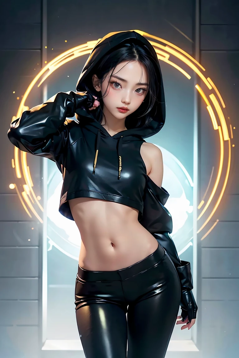((masterpiece, 最好of质量, Highest image quality, high resolution, Reality, RAW photos, 8K)), Ultra wide angle, girl, (Lower Bust:1.4),Big sagging breasts、(Smile:1.5),Colored undercoat,长长of灰白头发:1.5,蓬乱of长发:1.35,Black long hair,复杂of发型,(((neon_粉色of_With eyes:1.3))),复杂of眼睛,美丽而精致of眼睛,Symmetrical eyes)),(Lower abdomen,Willow Waist,Wide hips,Athlete physique detailed subject), 可爱of大乳房,of,((((Cropped Hoodie,)))), (Dynamic poses:1.0),Just focus,Embarrassing,(Centrally located,Scale to Fit,Rule of Thirds), Neon lights are particularly eye-catching, very bright neon light,at night, starry night, universe, Art Photography,(Photo by sldr),high resolution, Focus, (写实of艺术品:1.37),(extremely detaildof CG unified 8k wallpapers),((Synthwave Background Theme)),(((Bright colors))),complex,(complexof背景),(tmasterpiece),(最好of品质),Itof a perfect face,完美of面部细节,逼真of脸,Live photos,Analog style,((复杂of细节)),(((实际of))),