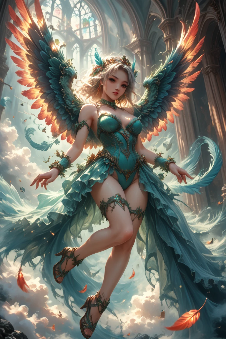 Realistic, (Masterpiece, Top Quality, Best Quality, Official Art, Beauty and Aesthetics: 1.2), Very Detailed, Fractal Art, Colorful, Most Detailed, Zentangle, (Abstract Background: 1.5) (1boy: 1.3), A Girl _ Like a Swan, Wearing Hetian Jade, Jade Luster, White Lionfish Like Wings, Open Wings, Beautiful Feathers, Clean Background,detailed face, detailed eyes, detailed hands, elf woman, full body