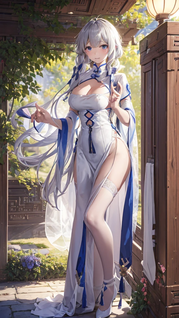 1girl full body standing, nice ass, BRIDESMAID, Hairstyle with a white braid, white color hair, BLINDFOLED, perfect lighting, muscular, thighs, Mature woman, mummy, bellybutton, Abs, looks at the viewer (masterpiece, high quality: 1.1) smile, Extremely huge breasts, Maternal, porcelain skin, extra very long hair, sparkly skin, good face, ONI HORNS