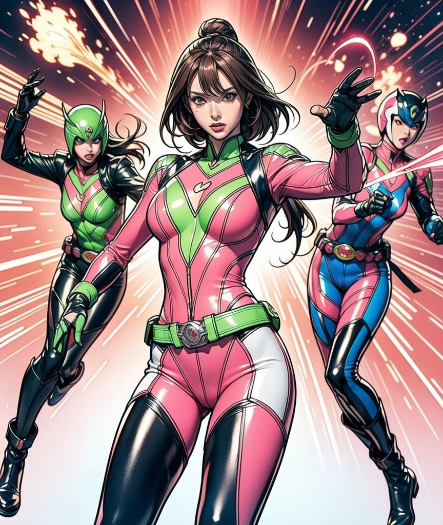 A brave and courageous image of a 6 member ranger team, Each one is decorated in vibrant colors such as:: Neon Pink, Sunset Orange, Fire engine red, plasma violet, Fluorescent Green, shocking yellow. Dynamic poses in a background that exudes energy and courage, Embodying the essence of the classic Sentai superhero team. Each Ranger:: The attire is sophisticated and modern, Each color has elements that reflect its theme., Ready for action. ((Camel Toe)),shining sparkle background,