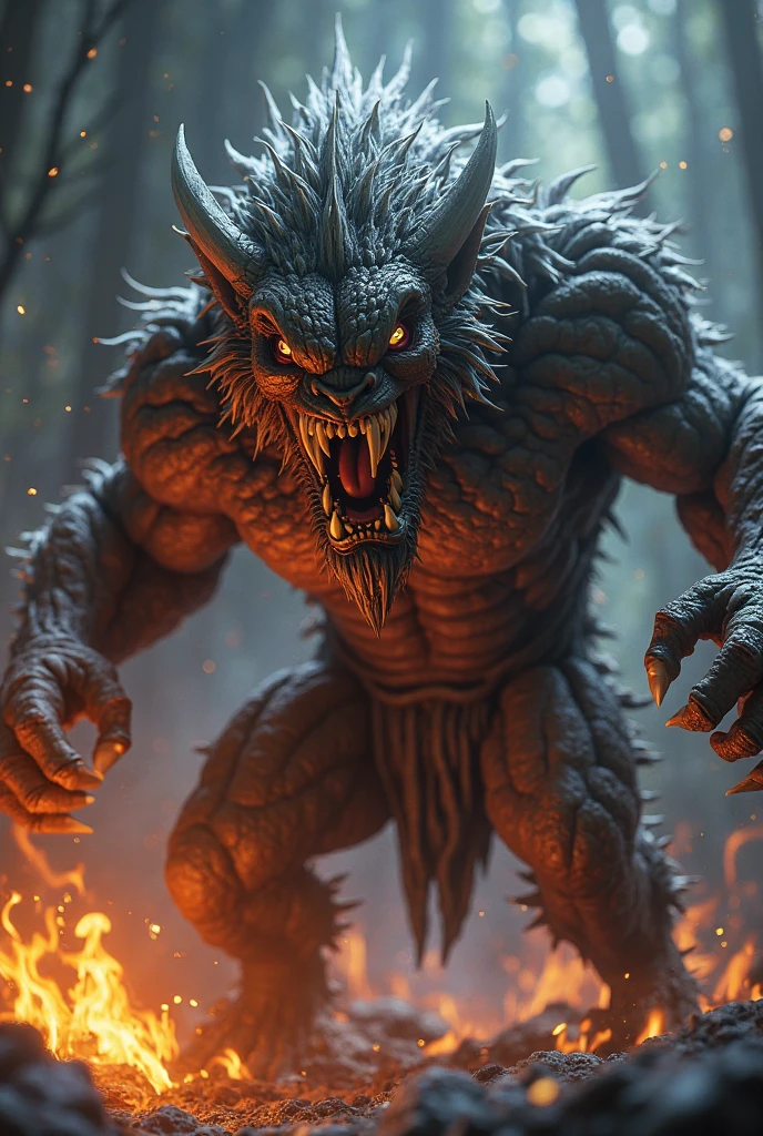 Realistic photos, RAW Photos, monster of the demon world, attacks viewer, Powerful movements, jump on prey, ((Dynamic jump)), Sharp Claws, monster of the demon world , ice magic,approaching from above, sudden approach, Bad-tempered, dynamic Shot from grand, flame magic,High resolution, masterpiece, Highest quality, Intricate details, Very detailed, Clear focus,texture, Delicate eyes, Professional, 4K,Shallow and deep, Kodak Vision Color, Exactly, Very detailed, photograph_\(Extremist\), photographpractical, practical, Post-processing, Maximum details, Roughness, Real Life, Extremist practical, Photorealism, photographgraphy, 8K Ultra HD, photographgraphy