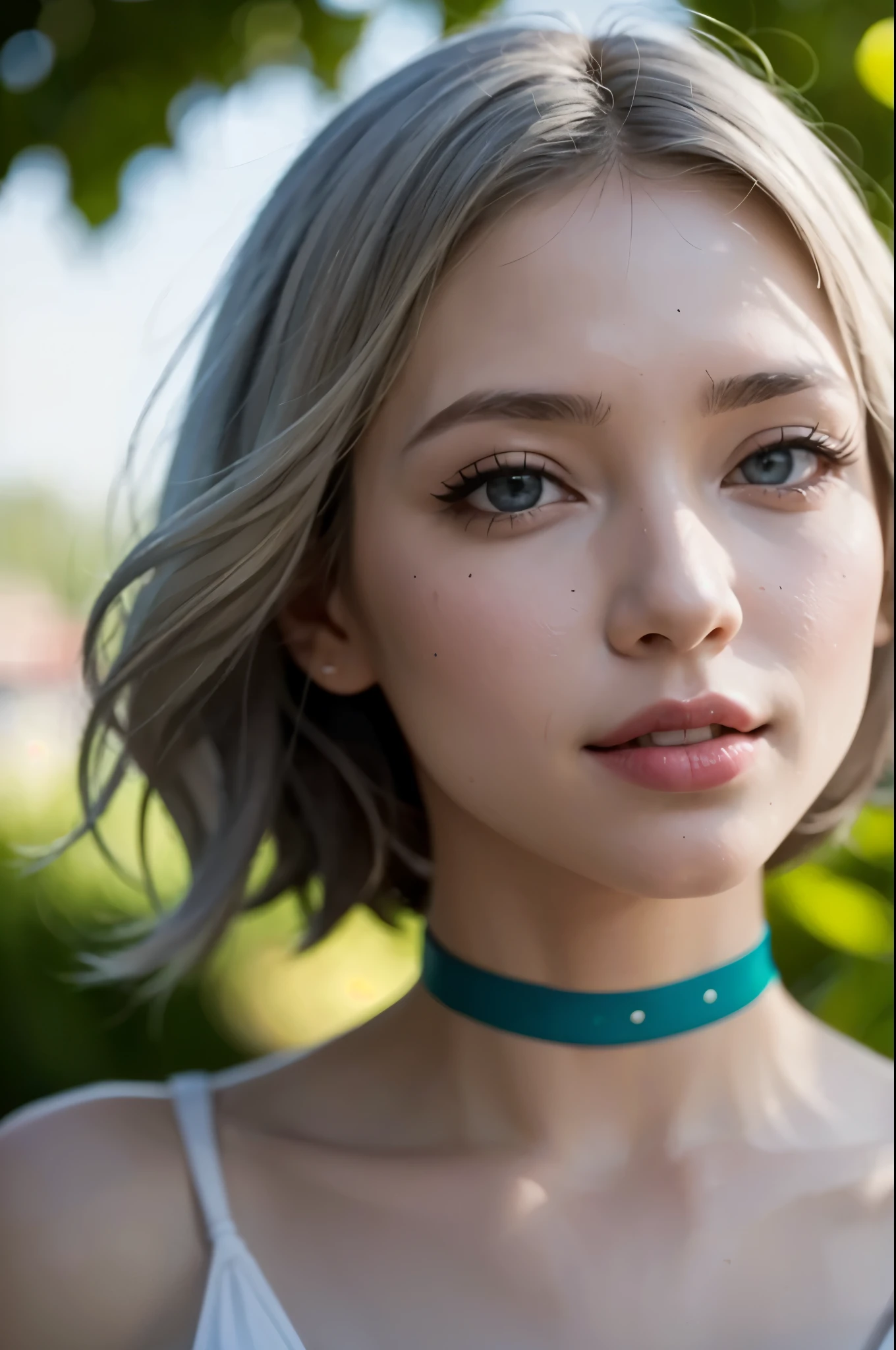 (8k), (best quality), (masterpiece:1.2), (realistic), (photorealistic:1.37), ultra-detailed, (kiss),1girls,cute,smile, long_hair,Green plants,beautiful detailed eyes, beautiful detailed nose, full body,huge breasts,dalcefo,pigsney, woman, White hair, sling bikini,