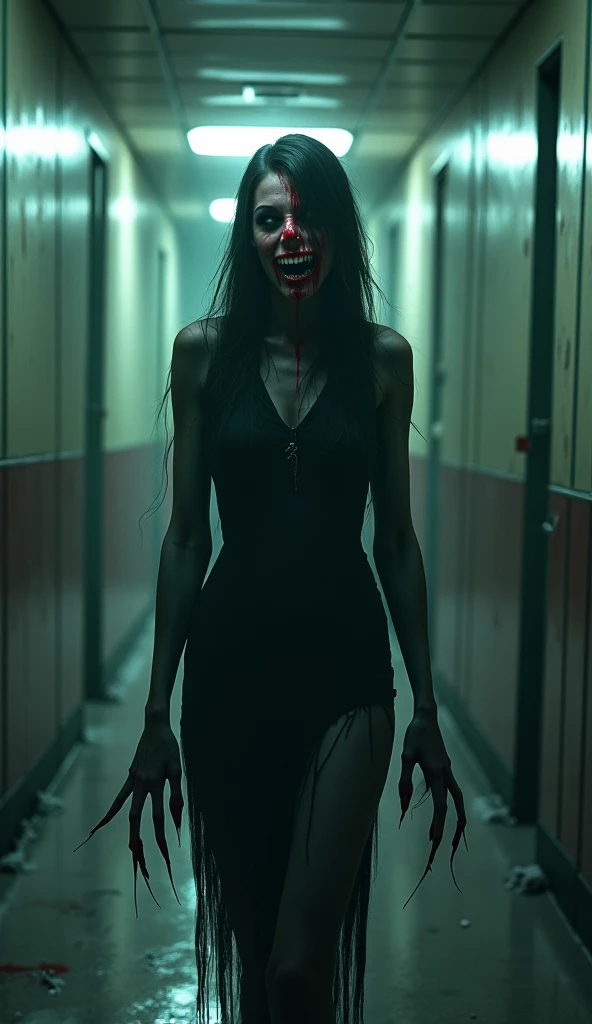 man ultra realistic horror film ,slasher movie,behind a blonde woman crawling on the floor in a bloody outfit screaming, in the ultra realistic hallway, , ultra realistic very detailed slasher scene,very realistic night with very realistic red sky,very detailed very dark city,hyperrealistic,hyperdetailed,4k,image from horror halloween movie