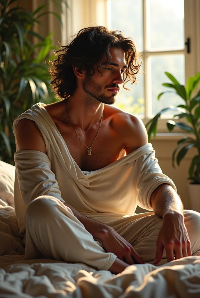 (photorealism:1.2), beautiful man, sitting on bed, wearing loose off-shoulder top, pajama pants, long curly hair, indoors, soft lighting, plants in background, window with sunlight, cozy room, relaxed pose, realistic, intricate details, warm colors, by Greg Rutkowski, by Alphonse Mucha