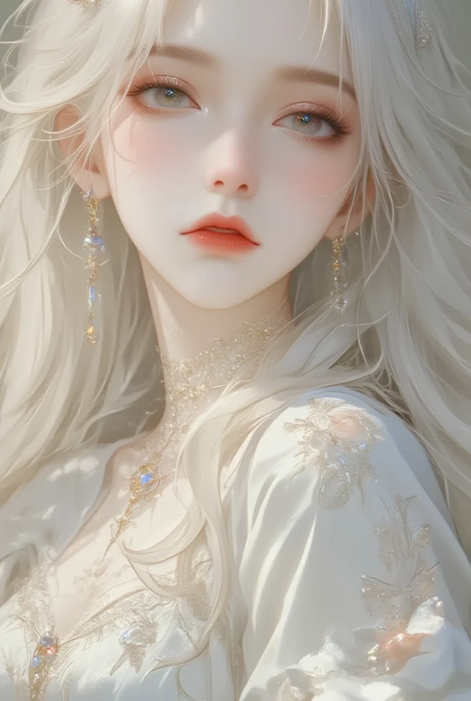 There is a woman in a white bra top taking a selfie, Smooth translucent white skin, silicone skin, Translucent white skin, pale milky white porcelain skin, Translucent body, Porcelain white skin, rubbery-looking body, rubbery - looking body, The upper body is visible, beautiful realistic upper body, pale porcelain white skin, hair floating covering chest, translucent and slimy flesh
