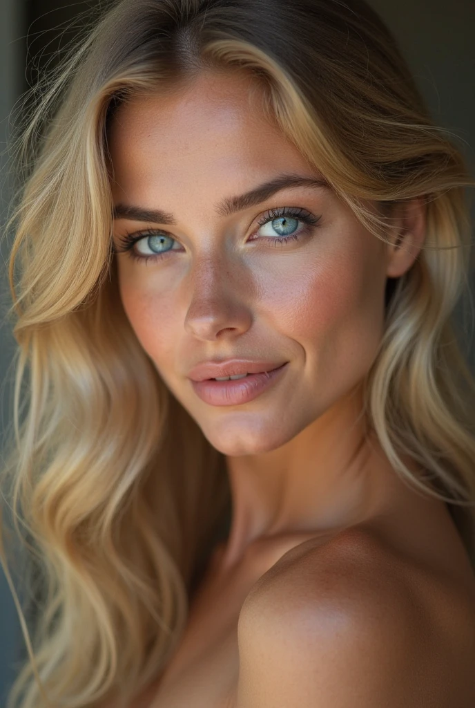 A smiling, sexy 26-year-old American woman with blonde hair and a perfect physique is looking at the camera. It will be hyper realistic and ultra realistic. (worst quality, low quality, normal quality, lowres, low details, oversaturated, undersaturated, overexposed, underexposed, grayscale, bw, bad photo, bad photography, bad art:1.4), (watermark, signature, text font, username, error, logo, words, letters, digits, autograph, trademark, name:1.2), (blur, blurry, grainy), morbid, ugly, asymmetrical, mutated malformed, mutilated, poorly lit, bad shadow, draft, cropped, out of frame, cut off, censored, jpeg artifacts, out of focus, glitch, duplicate, (airbrushed, cartoon, anime, semi-realistic, cgi, render, blender, digital art, manga, amateur:1.3), (3D ,3D Game, 3D Game Scene, 3D Character:1.1), (bad hands, bad anatomy, bad body, bad face, bad teeth, bad arms, bad legs, deformities:1.3)