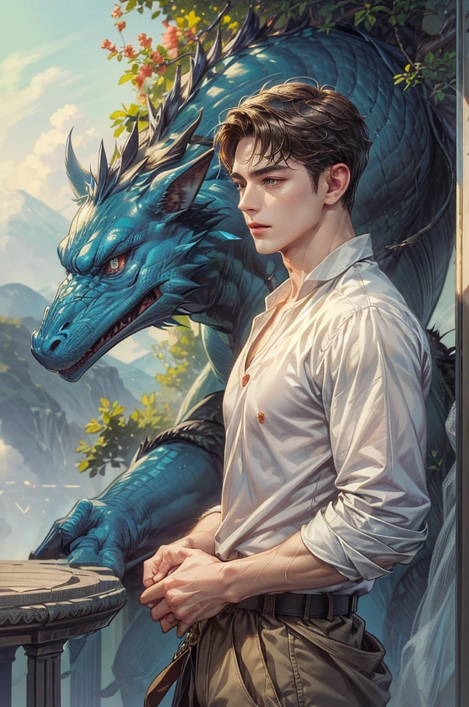 A prince with black hair and red tips, blue eyes his hair is short. Behind him a blue phoenix dragon, pink lips white skin and American features. 