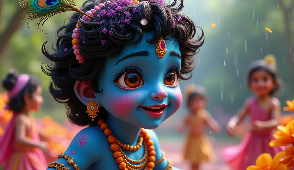 Create a lord krishna kid body is blue colour whith black goggles