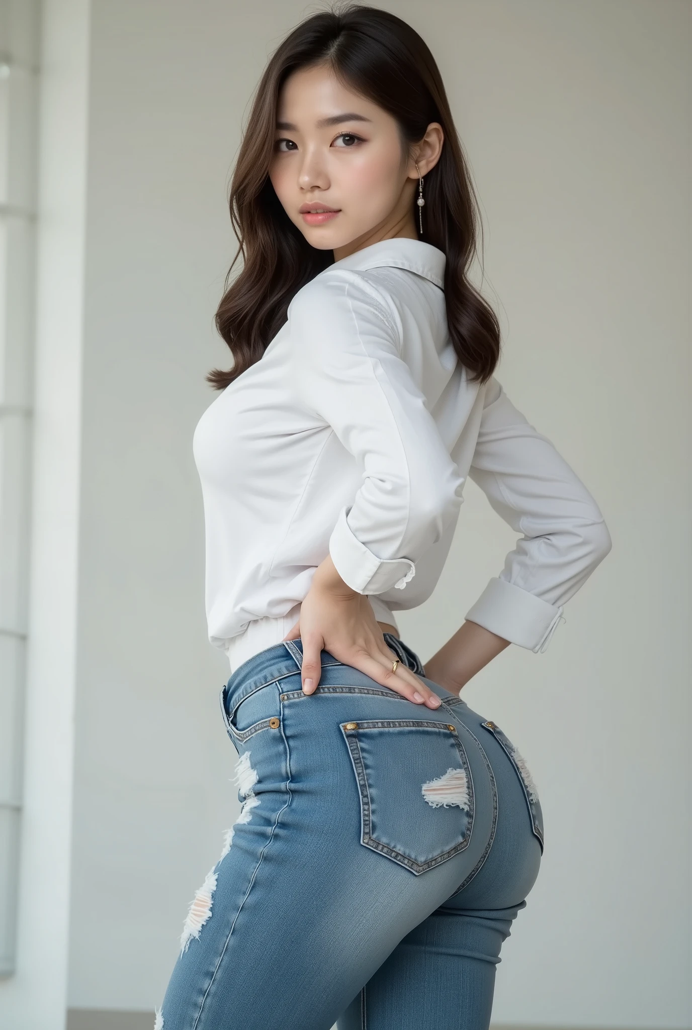 Zhu Ai_Villas,RAW photos,Brand photos,(highdetailskin:1.2),8k ultra high definition,digital SLR camera,gentlesoftlighting,high high quality,filmgrain,富士XT3,20 years old Asian woman,Wear simple clothes,T-shirt and skinny jeans,Detailed clothing details:1.3,perfect body figure,The legs are straight and slender,Super detailed facial details and skin,Fair pink face and skin,Skin is pink and glowing,二重まぶた,Super detailed eyes,(Gloss on lips, eyeslashes, Glossy face, Best quality, Super high resolution, warm color,Wide lighting, naturalshadow), Sexy, Full body shooting: 1.8