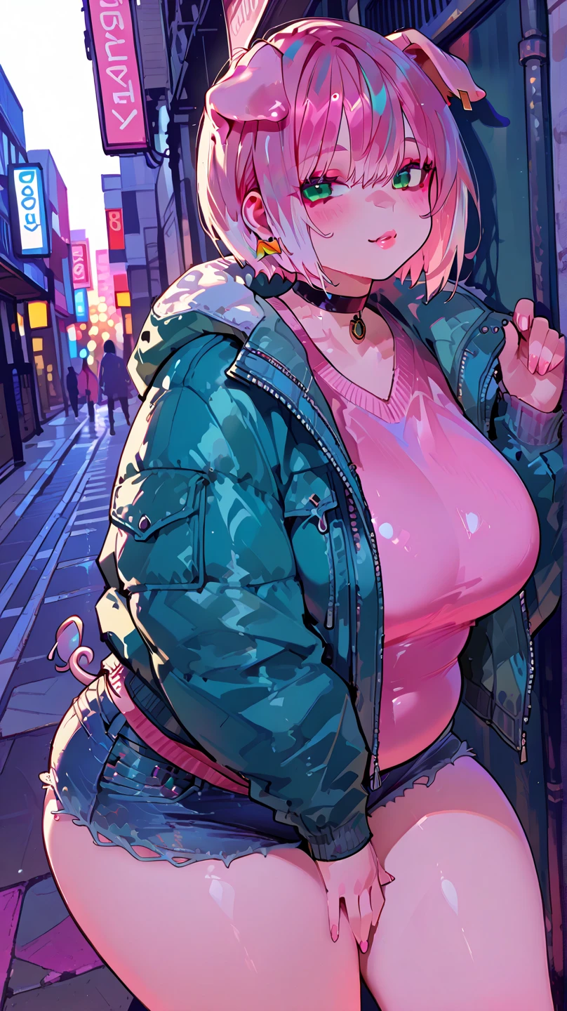 ((very fat girl)), zombie, albino, open mouth, drooling, extremely short hair, white hair, red eyes, ((very torn clothes)), wet, dirty, apocalyptic street, colossal breasts, round belly, thick legs , saggy belly, saggy boobs, long legs, night, neon lights, tight clothes, nfsw, running