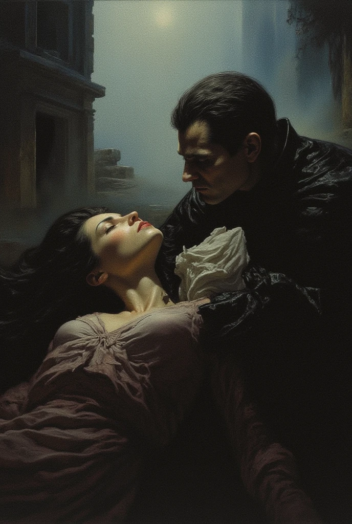 Un homme dort sur son bateau, dans sa main droite se trouve son dos. Une femme est assise sur lui, holding a sword in both hands, that she pushes into his chest.