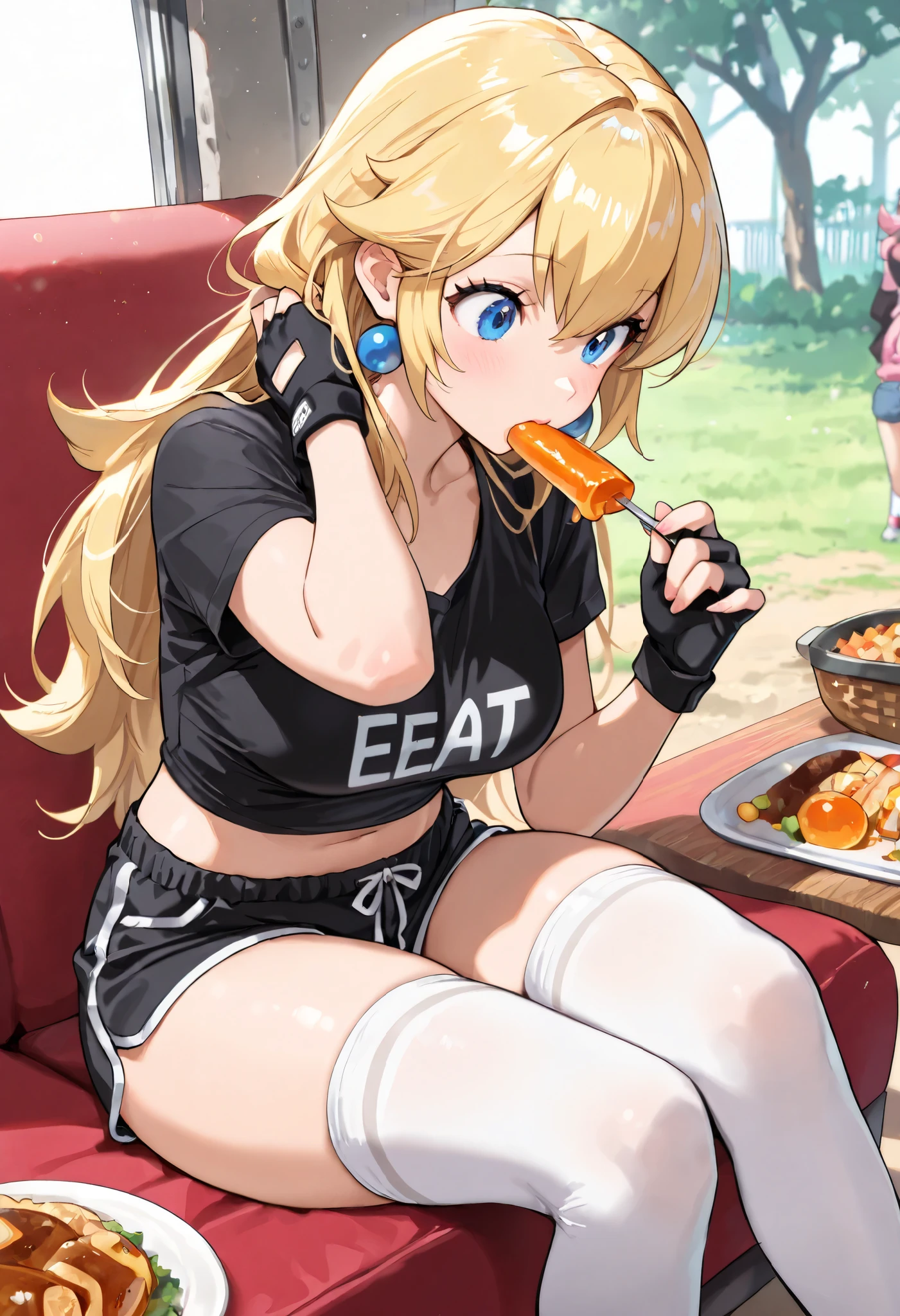 Daedom style, 1girl, animal_ears, breasts, siege_(arknights), solo, red_shorts, lion_ears, cleavage, jacket, tail, shorts, choker, long_hair, fur_trim, large_breasts, black_jacket, crossed_legs, food, bare_shoulders, fur-trimmed_jacket, black_choker, mouth_hold, off_shoulder, sitting, thighs, looking_at_viewer, tank_top, lion_tail, brown_hair, fur-trimmed_shorts, ponytail, short_shorts, brown_eyes, open_jacket, shirt, white_tank_top, hair_between_eyes, collarbone, open_clothes, blonde_hair