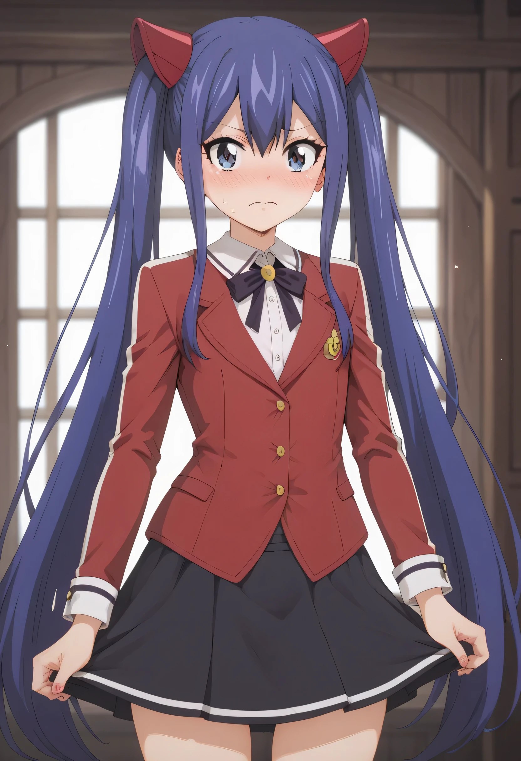 An image of blushing Wendy Marvell, flat-breasted , wearing a red suit and a black foldable skirt, She's standing in a room..