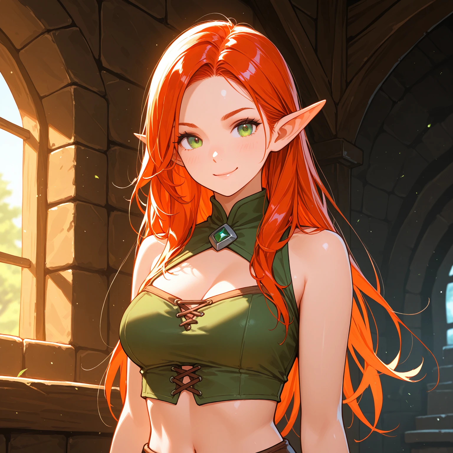 (watercolor: 1.2), elf princess, flower, freckles, bangs, redhead, long hair, green eyes, hair between eyes, flower earrings, blurred background, high resolution