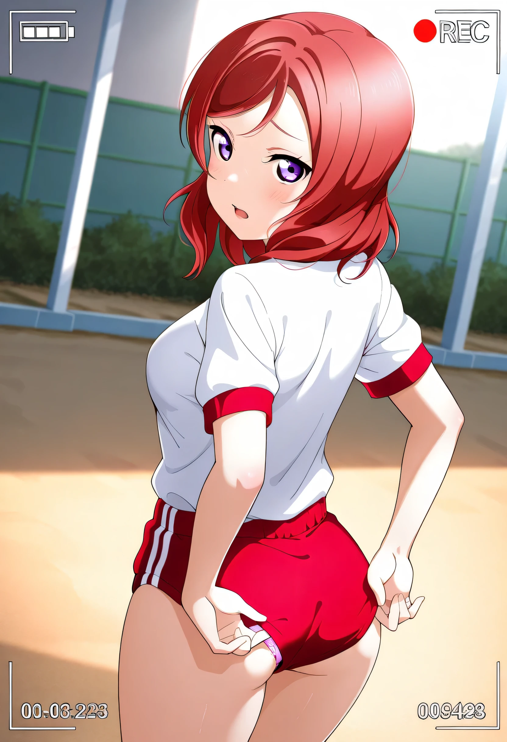 masterpiece, best quality, 1girl, solo, lovelive_maki,white shirt,red buruma, breasts, red hair, medium hair, purple eyes,embarrassing,looking at viewer, open mouth,(back),standing,((adjusting buruma)),panty peek,(school yard),(duch angle ),((recording)),