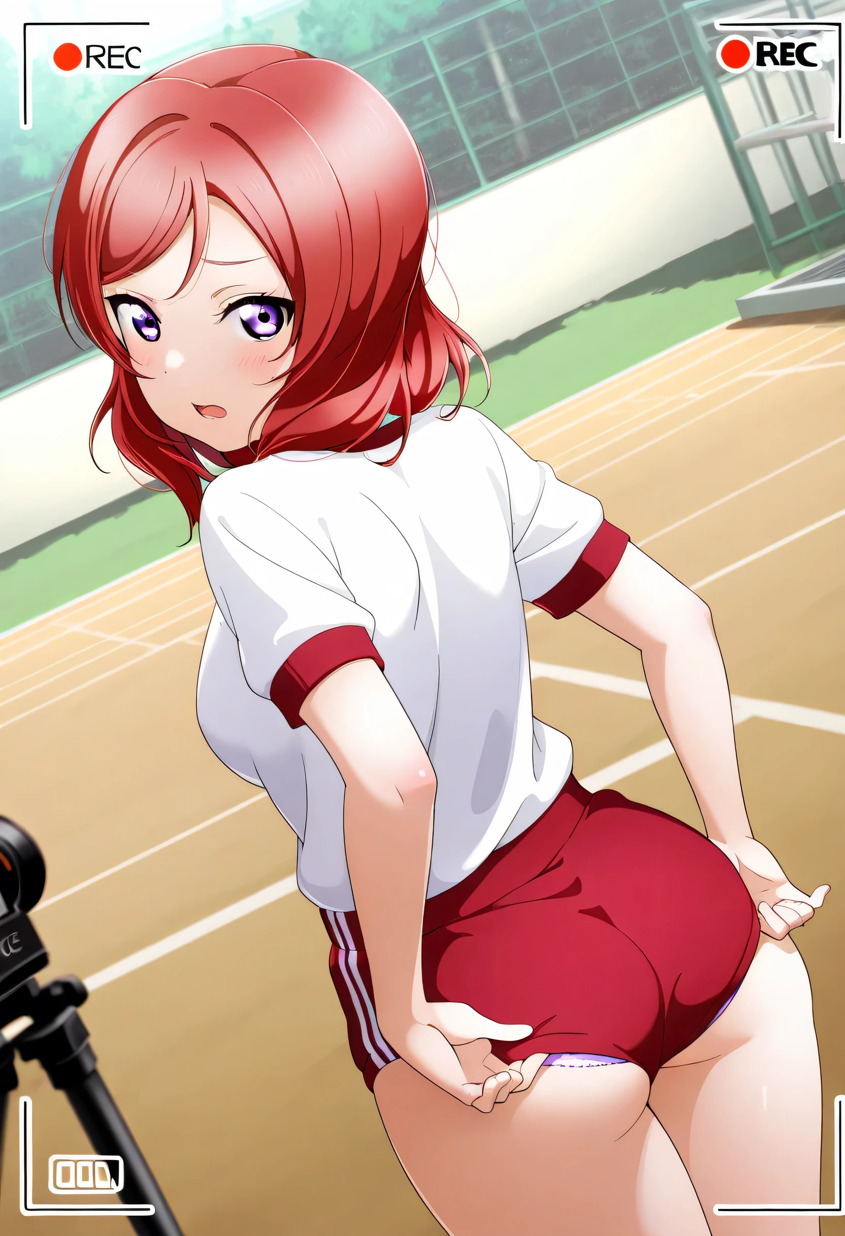 masterpiece, best quality, 1girl, solo, lovelive_maki,white shirt,red buruma, breasts, red hair, medium hair, purple eyes,embarrassing,looking at viewer, open mouth,(back),standing,((adjusting buruma)),panty peek,(school yard),(duch angle ),((recording)),