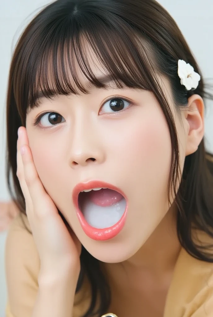 (8K, RAW photo, highest quality, masterpiece: 1.2), Super detailed, super resolution, (genuine, genuine photos: 1.37), portrait, High-definition RAW color photo, professional photos, 非常に詳細で美new, very detailed, 8k wallpaper, amazing details, huge file size, official art, very detailed CG Unity 8k wallpaper, very detailed beautiful girls, very detailed facesHighly detailed eyes, Very fine skin, very thin fingers, very small nose, very detailed detailed mouth, perfect anatomy, detailed background, Fine clothes, one girl, 20th generation, cute girl, genuineistic body, white skin, glowing skin, handsome body, black hair, cute, like々new, cute face, genuineistic face, delicate eyes, Tale's eyes The gaze of an old Horiwa camera, ((facing the front:1.331)). put your hands behind your head, hair pulling pose, very detailed white skin), (Chubby),、troubled face, excited face, ((japanese school uniform)), unbearable face, leaky face、((Open your mouth wide and extend your tongue:1.3))、(((Straight in front:1.42)))、See here:1.3.smile、((White pillow under the head:1.4))、((braid it:1.48))、((bangs:1.46))、((Navy ribbon with collar around the neck:1.23))、cheeks are red、((red tongue:1.43))