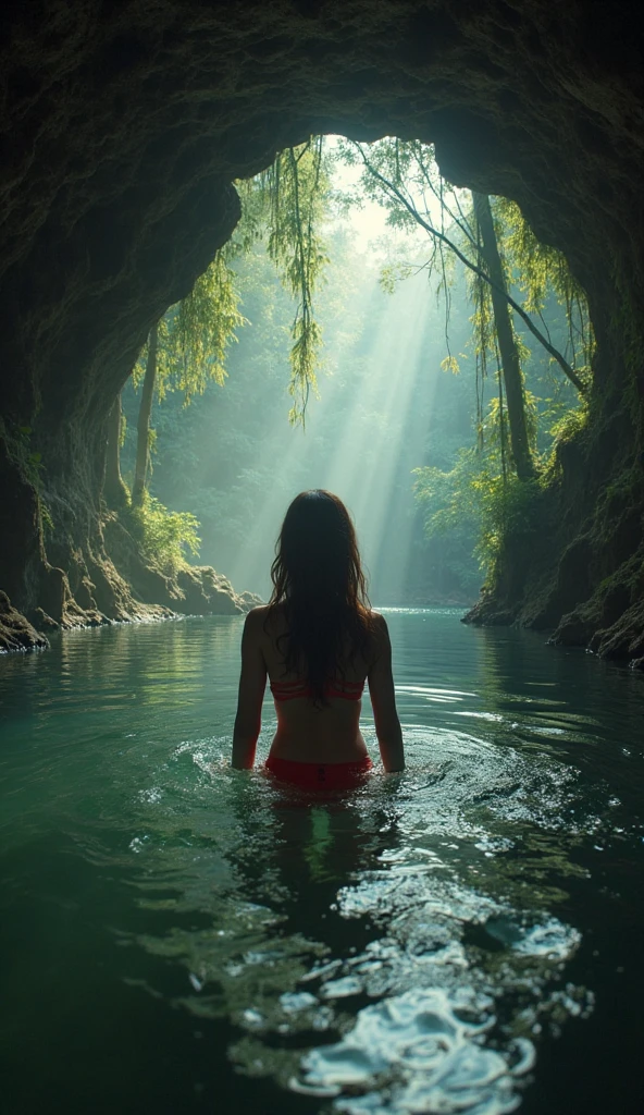 A woman standing in the water, you are walking forward.,clear water,Blue Water,Bikini ,In the cave,sky,wide angle,masterpiece,bestquality,ultra-detail,11,UHD,portrait,High Quality