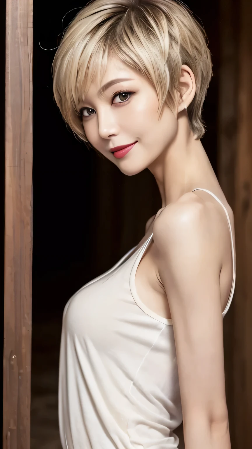  very detailed,  masterpiece ,  top quality , (( photorealistic:1.4)), ((skinny body:1.5、 long face:1.2))、(((Simple white tank top、skinny fit)))、(Super slim body)、55 year old japanese elderly woman , detailed faces ,   Detailed Eyes  、((makeup、lipstick)) 、((My breasts are sagging))、((( light beige hair、pixie cut、Cecil Cut、 asymmetry、Messy Hair:1.2、super short hair:1.3、Volume Hair))),  graceful and sophisticated  、goddess、((from waist to head with camera))、((and look at the camera、fresh smile))、((Professional Cool Lighting))、((Dark underground storehouse))、from the side