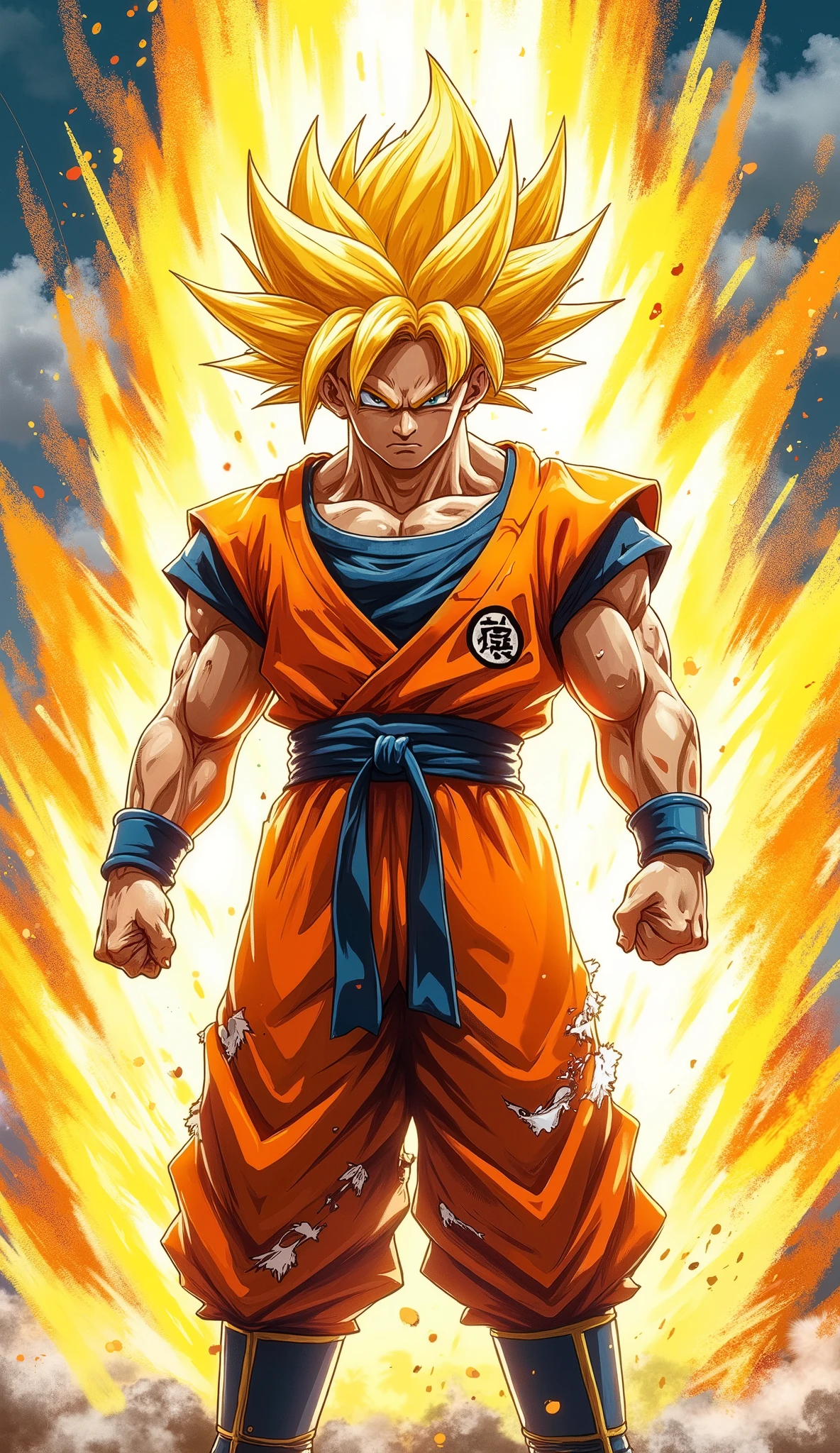 Gohan in Super Saiyan form, standing powerfully and facing the viewer directly with a serious, intense expression. His golden hair spikes upwards, glowing with energy, and his sharp, defined facial features reflect determination. His muscular physique is prominent, highlighted by soft, dynamic lighting. A vivid yellow-orange aura of power surrounds him, crackling subtly with energy. He’s wearing battle-worn, torn orange gi clothes, with ragged edges that hint at a fierce battle. The style emulates 90’s anime aesthetics, with bold linework, slight grain texture, and vibrant yet slightly muted colors typical of classic hand-drawn animation. Digital art with a nostalgic feel, blending modern polish with retro anime traces. Background is minimal or softly blurred to focus on Gohan's presence.