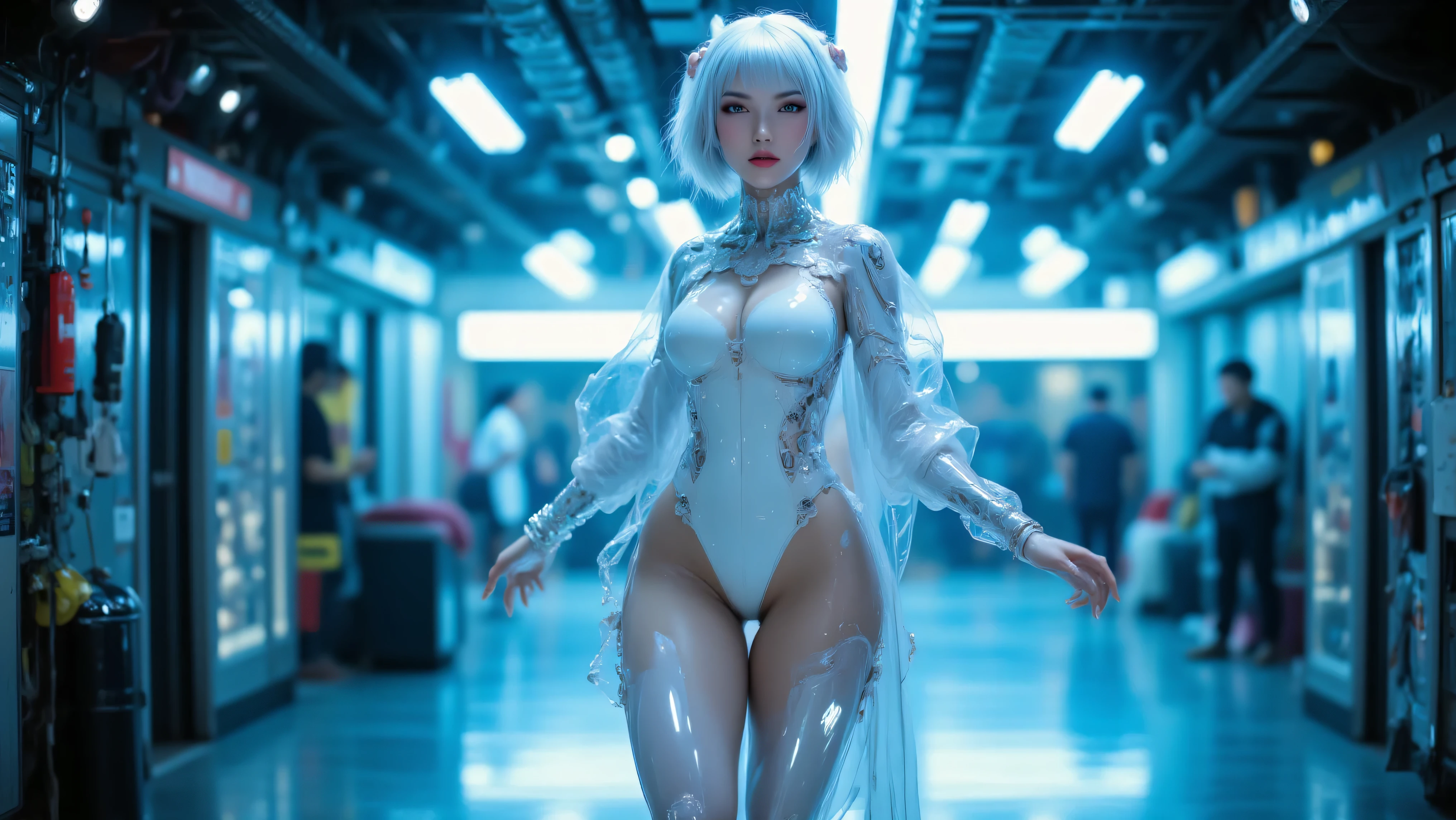 High resolution, Top quality, Masterpiece, Very high image quality, Ultra detail, Ultra realistic, 3D, Background Cyberpunk City Galaxy, Platinum White Glossy Wavy Hair, Ponytail, Intelligent Beauty, Sparkling Blue Eyes, Lustrous Red Lips, Smiling Like a Mischievous, Happy, Shy, Tattoo, Spread Legs, Armpits Raised, White Lace Robe