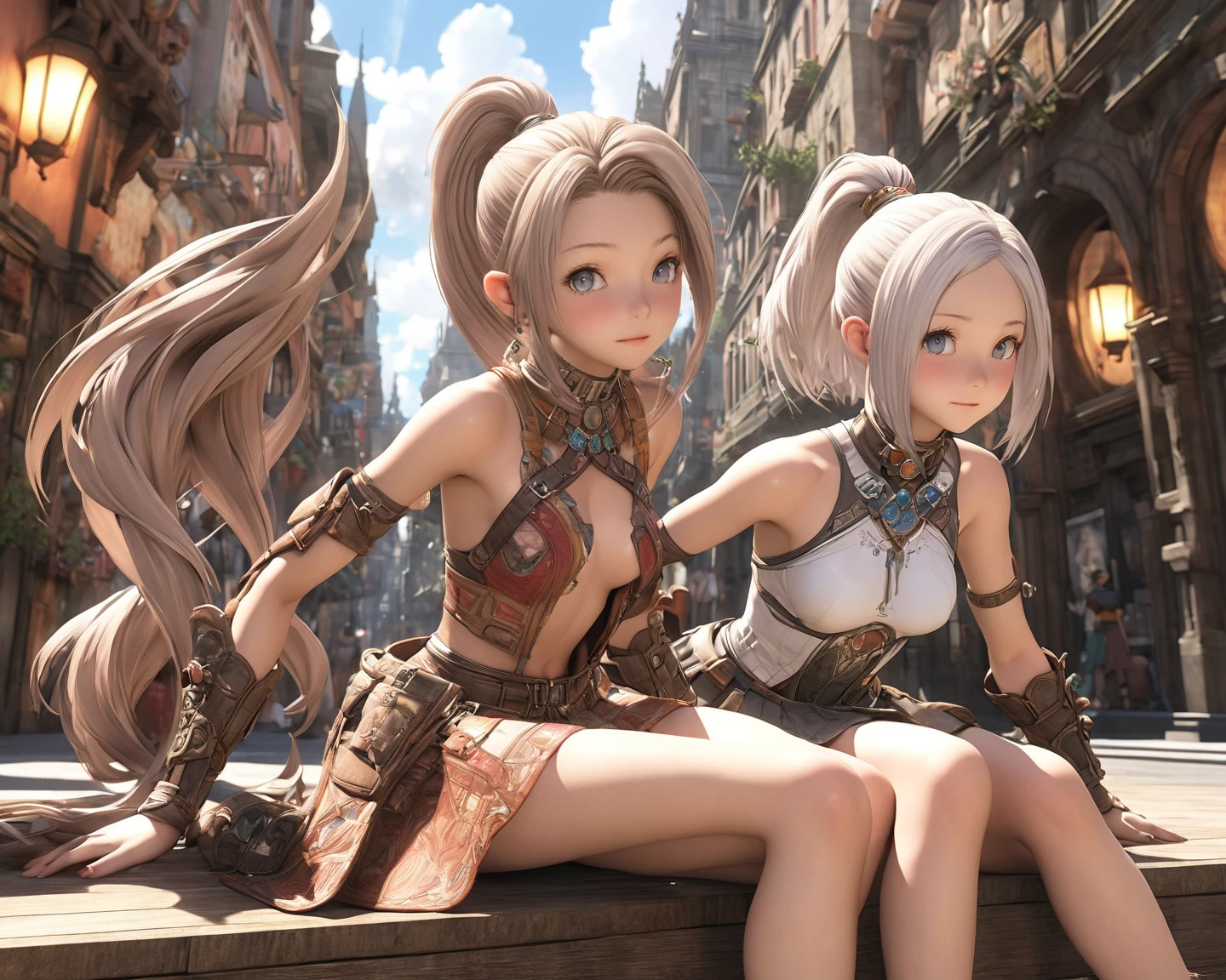 (masterpiece, Highest quality:1.2), Cowboy Shot, alone, one person, Riesz, View your viewers,, Long hair tied low, Winged Helmet,green dress, armor, shoulder armor, Bridal Gauntlet, Cleavage,(In a prison with iron bars:1.4),(The whole body is restrained with chains:1.8),(A girl gropes my breasts from behind:1.6),(2girls:1.6)
