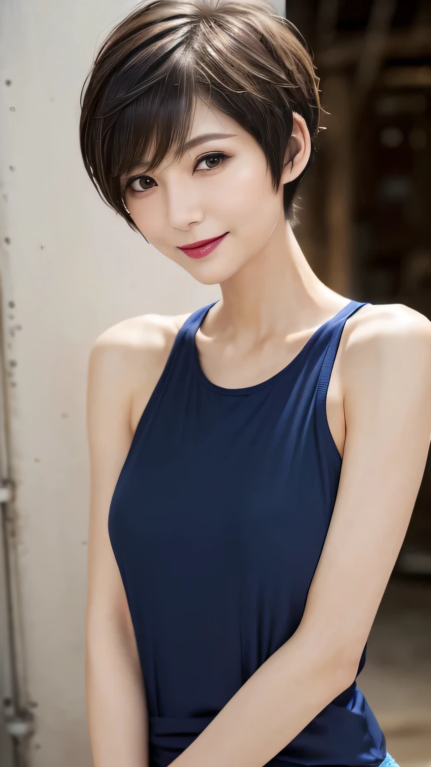 very detailed, masterpiece , top quality , (( photorealistic:1.4)), ((skinny body:1.5、 long face:1.2))、(((simple navy blue tank top、skinny fit)))、(Super slim body)、55 year old japanese elderly woman , detailed faces , Detailed Eyes 、((makeup、lipstick)) 、((My breasts are sagging))、((( light beige hair、pixie cut、Cecil Cut、 asymmetry、Messy Hair:1.2、super short hair:1.3、Volume Hair))), graceful and sophisticated 、goddess、((from waist to head with camera))、((and look at the camera、fresh smile))、((professional cool lighting))、((Dark underground storehouse))、from the side