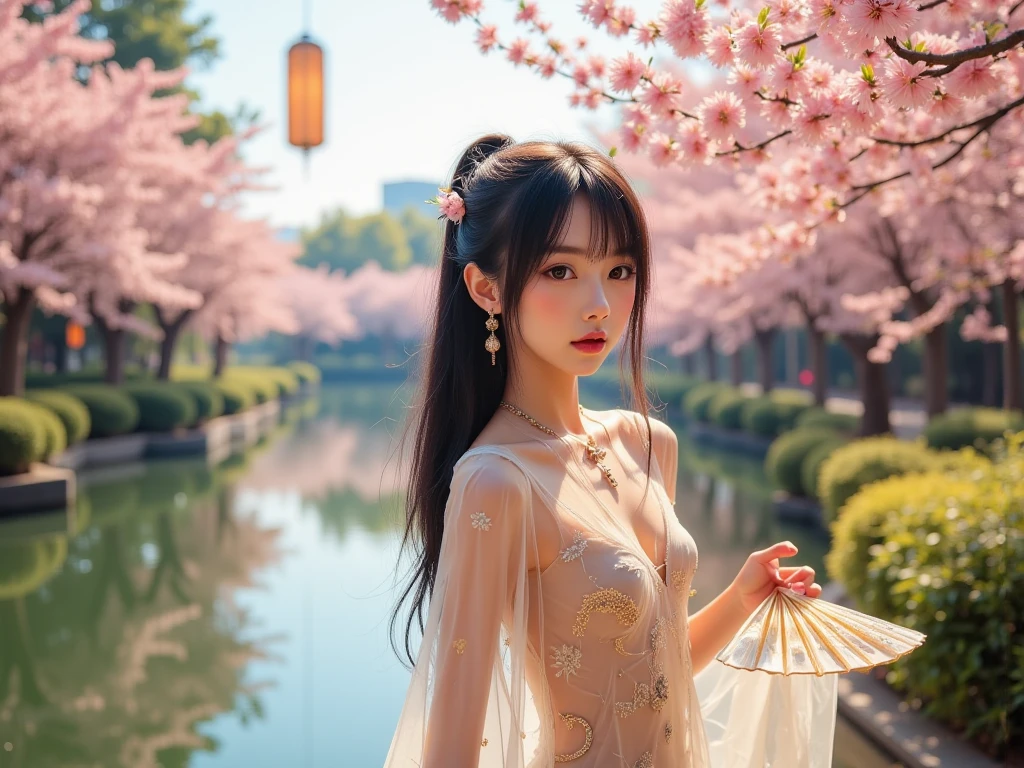 (best illumination, best shadow, an extremely delicate and beautiful), 8k wallpaper,(classic, illustration, painting,  sketch), original,Chinese style,((1 Cheinese girl)),(solo),( perfect body,perfect hands and fingers,[:(holding a branche:1.3):0.6], [:bare thigh:0.5], [:[Embroidered shoes|barefoot]:0.4]),((a cute and anime face:1.2), ([:detailed pink eyes:0.4])),/(hanfu,(white, pattern, clouds),floating ribbons),(super long light pink hair,floating hair, blossoms on head),(Ten miles of peach blossoms,(Peach forest),bright moon),(Chinese architectures),attic,,