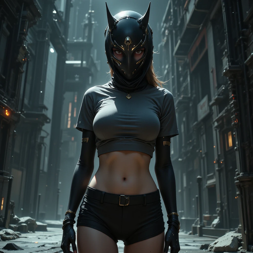 "vista frontal do corpo feminino de corpo inteiro, full body portrait wearing micro string bikini, black bikini, gym tops, figura esbelta perfeita, detalhes intrincados, high waist bikini with high details)), the center of this full-length portrait in the iconic Black Panther Mask. She is seen amidst a high-tech environment, adornado com tatuagem preta e um piercing no umbigo. The image is intended to be a mix of digital illustration and anime, presenting a level of detail that brings the character and the scene to life. Boba Fett's anatomy is athletic, capturing the essence of freedom and soul. Inspirado por Masamune Shirow, The illustration features sharp focus, smooth transitions and an underlying watercolor aesthetic. atmosfera ciberpunk.", 35mm, medium shot, studio lighting, altamente detalhado, octane rendering